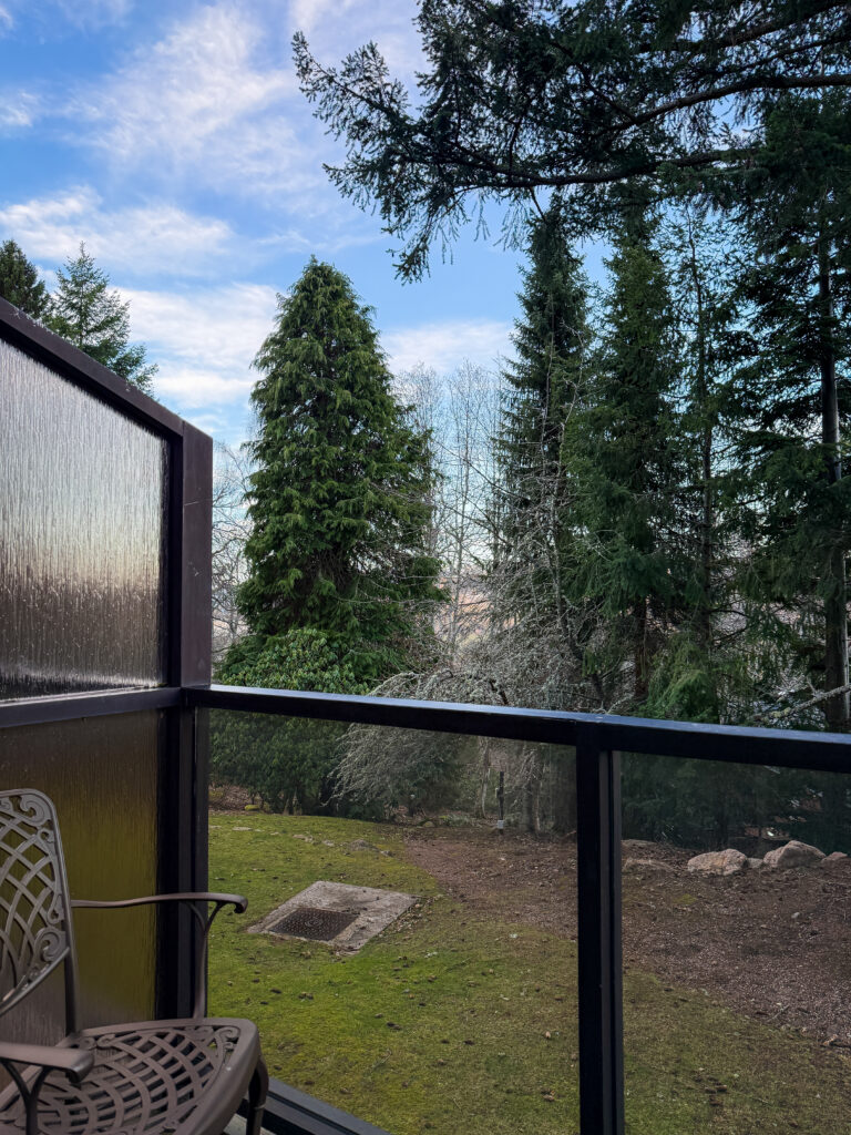 View from the private balcony of a Craigendarroch Hilton Suite, looking out over tall pine trees and the hotel grounds