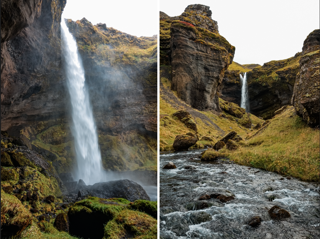 Two views of a dramatic Icelandic waterfall cascading through a mossy canyon
