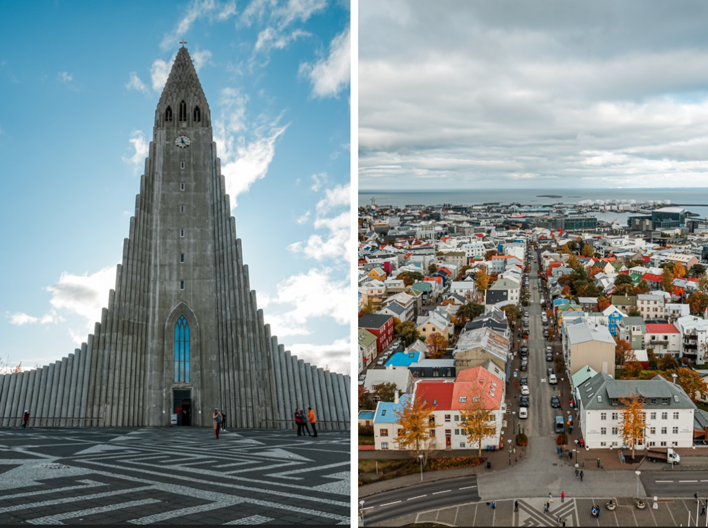 Hallgrímskirkja church from street level alongside an aerial view of colourful Reykjavik rooftops