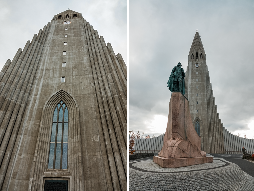 Hallgrímskirkja church tower detail and the Leif Eriksson statue in front, Reykjavik