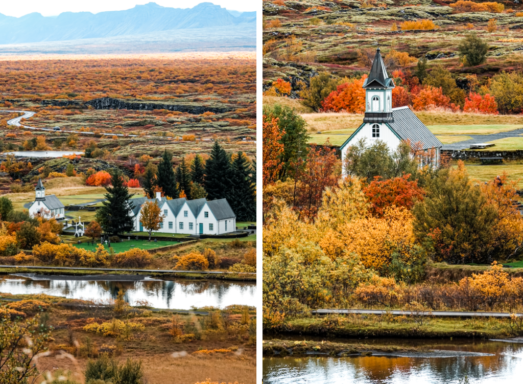 Thingvellir church surrounded by vivid autumn foliage in Thingvellir National Park, Iceland