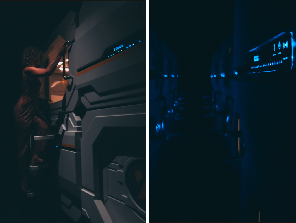 Person climbing into an upper capsule pod at the Yellow Capsule hotel, with blue LED lighting in the dark corridor