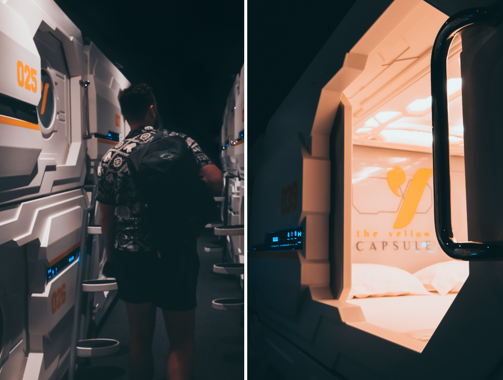 Collage of the Yellow Capsule hotel Cancun showing the pod corridor and an open capsule revealing a white pillow inside