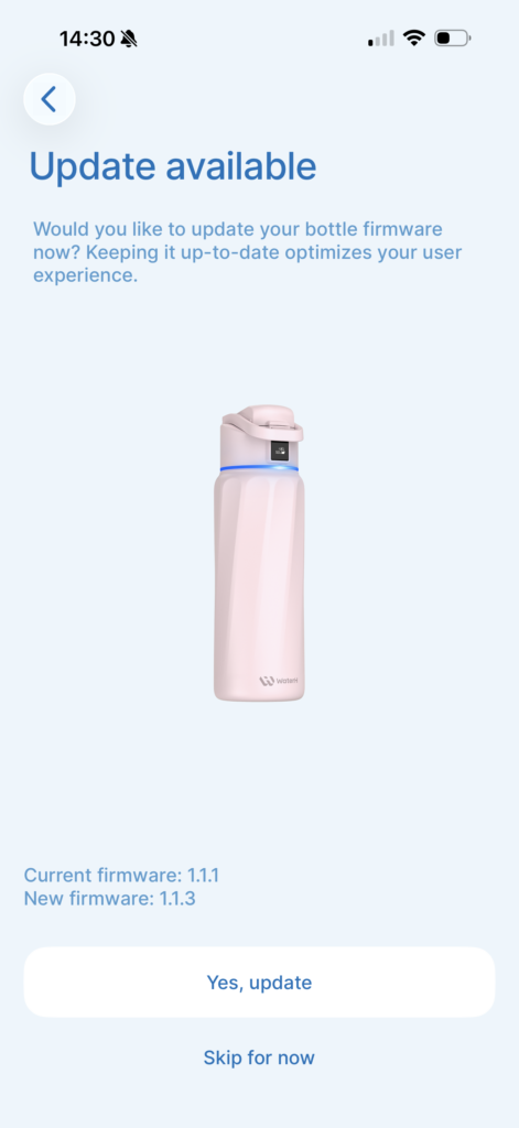 WaterH app interface for firmware updates