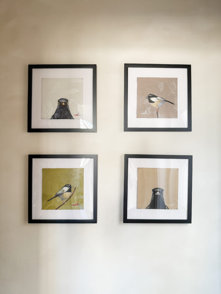 four framed bird prints arranged in a grid on a faux limewash wall with black frames and white mounts