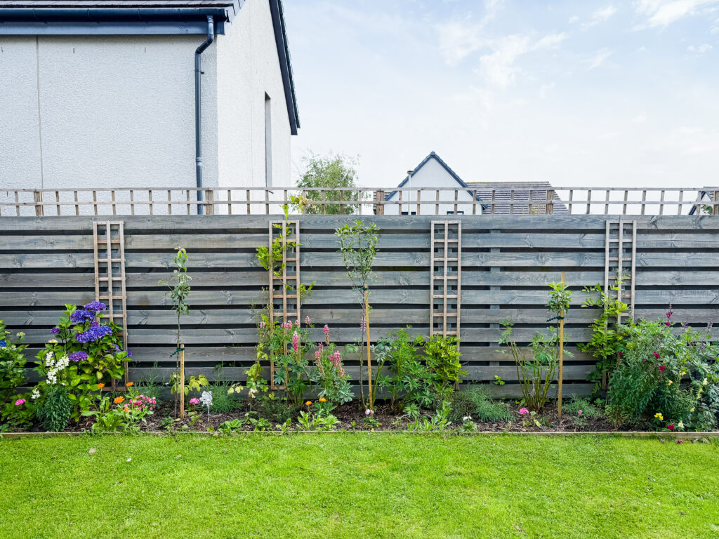 a front on view of a flower bed in a newbuild home garden