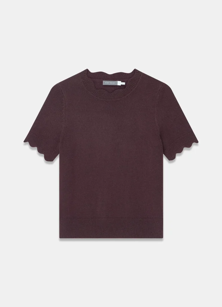 Mint Velvet burgundy short-sleeve knit top with scalloped trim