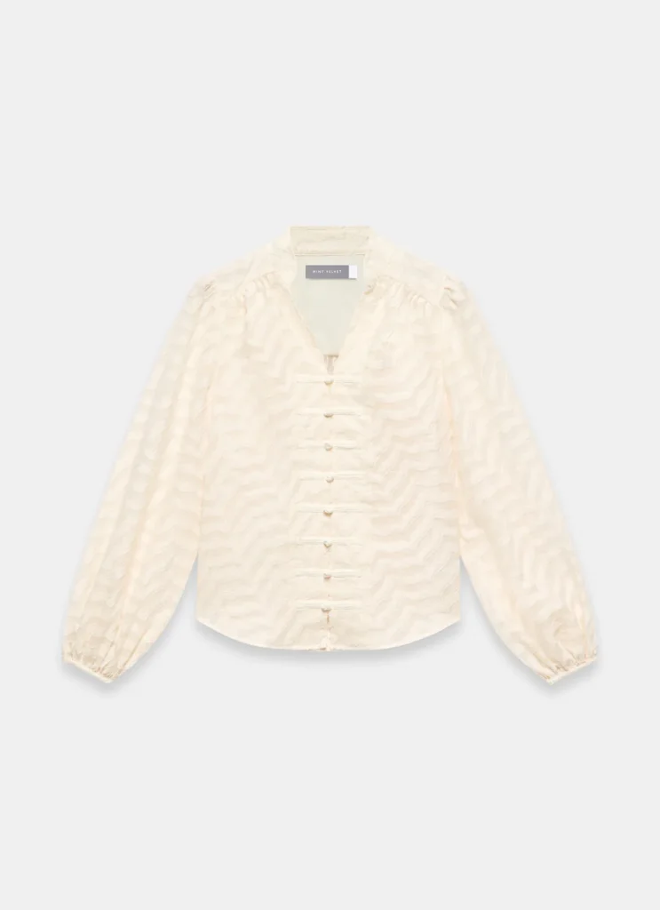 Mint Velvet cream jacquard blouse with knot buttons